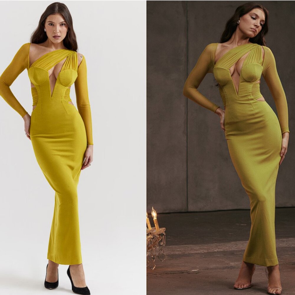 HOUSE OF CB 'Zahra' Chartreuse Plunge Maxi Dress NWOT